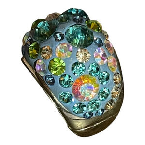 Stretch Band Ring Shades Turquoise Blue Rhinestone Domed Silver Tone